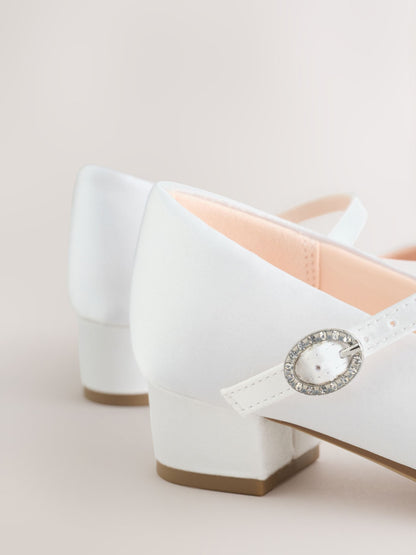 White Standard Fit (F) Stain Resistant Satin Mary Jane Flower Girl Heeled Shoes image 3
