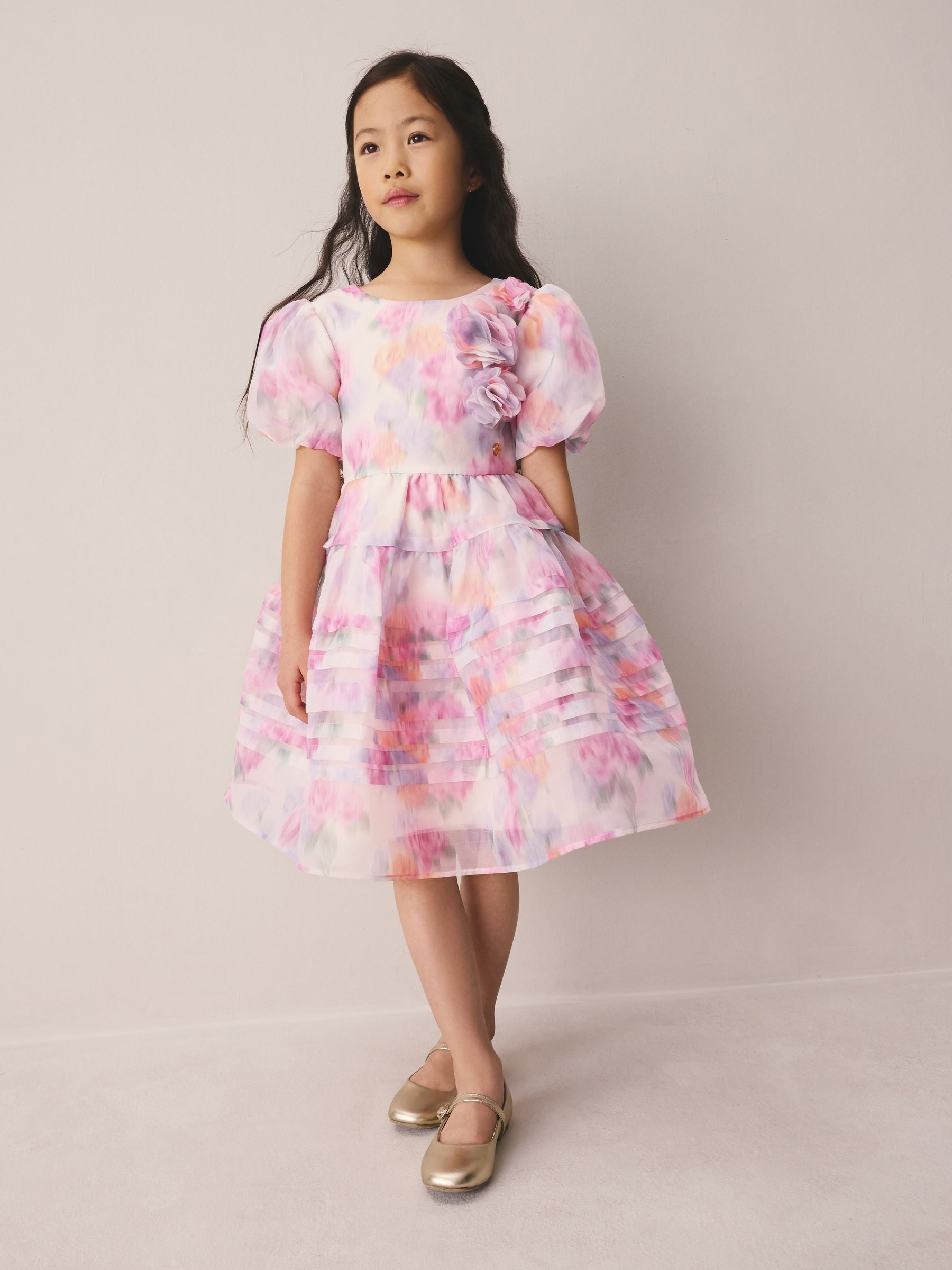 Laura Ashley Pink Garden Roses Blurred Corsage Organza Pintuck Dress image 2