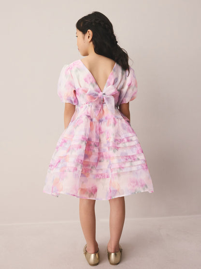 Laura Ashley Pink Garden Roses Blurred Corsage Organza Pintuck Dress image 3