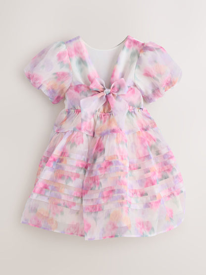 Laura Ashley Pink Garden Roses Blurred Corsage Organza Pintuck Dress image 7
