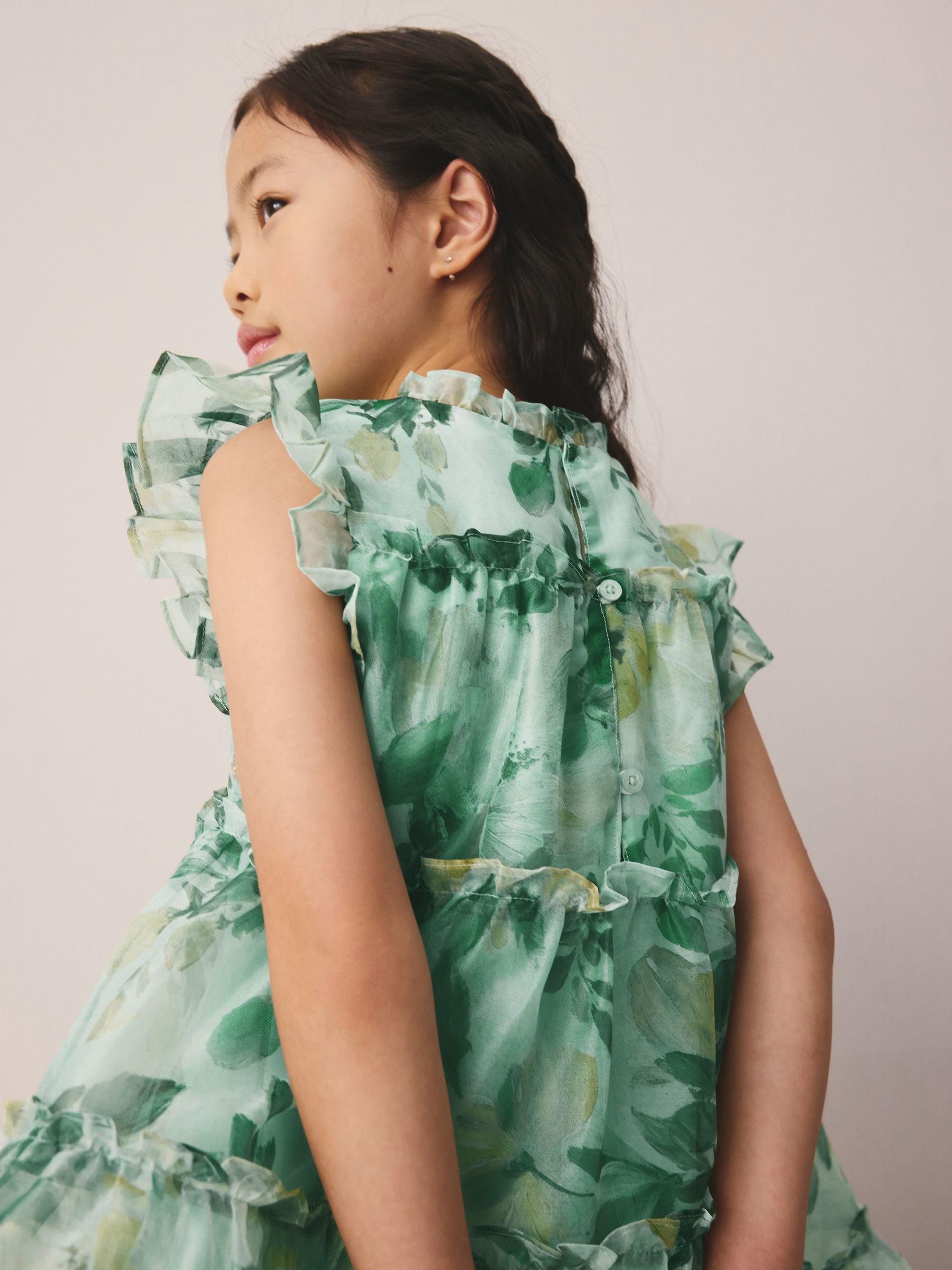 Laura Ashley Green Elowen Peony Frill Tiered Organza Dress image 5