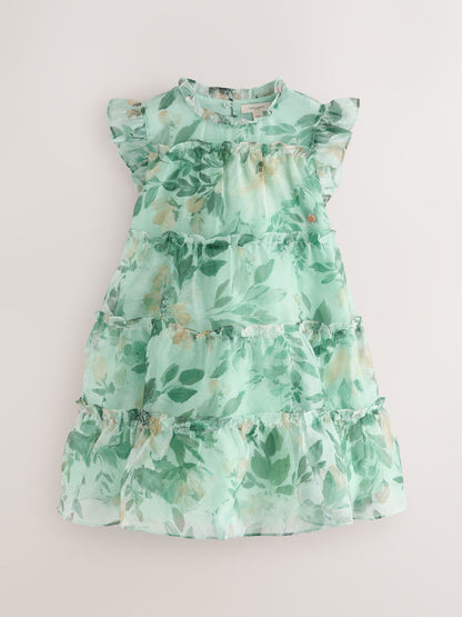 Laura Ashley Green Elowen Peony Frill Tiered Organza Dress image 6