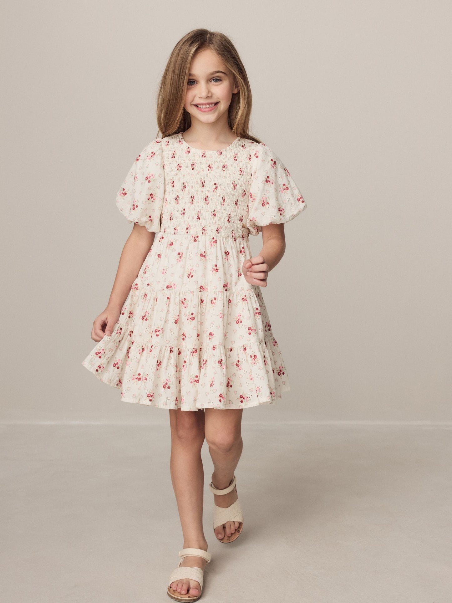 Laura Ashley Cream Pia Bouquet Ditsy Shirred Puffed Sleeve Schiffli Dress image 1