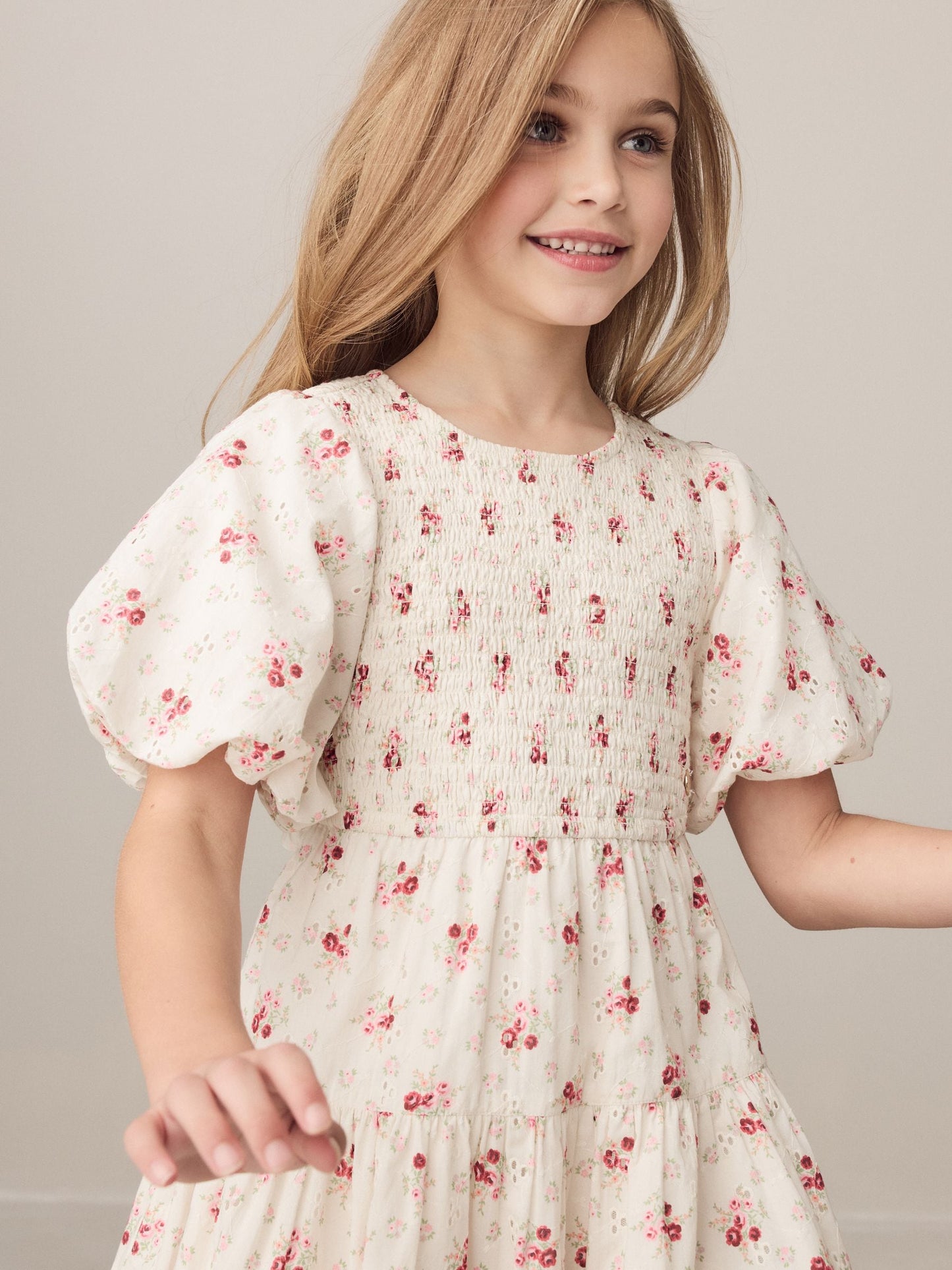 Laura Ashley Cream Pia Bouquet Ditsy Shirred Puffed Sleeve Schiffli Dress image 4