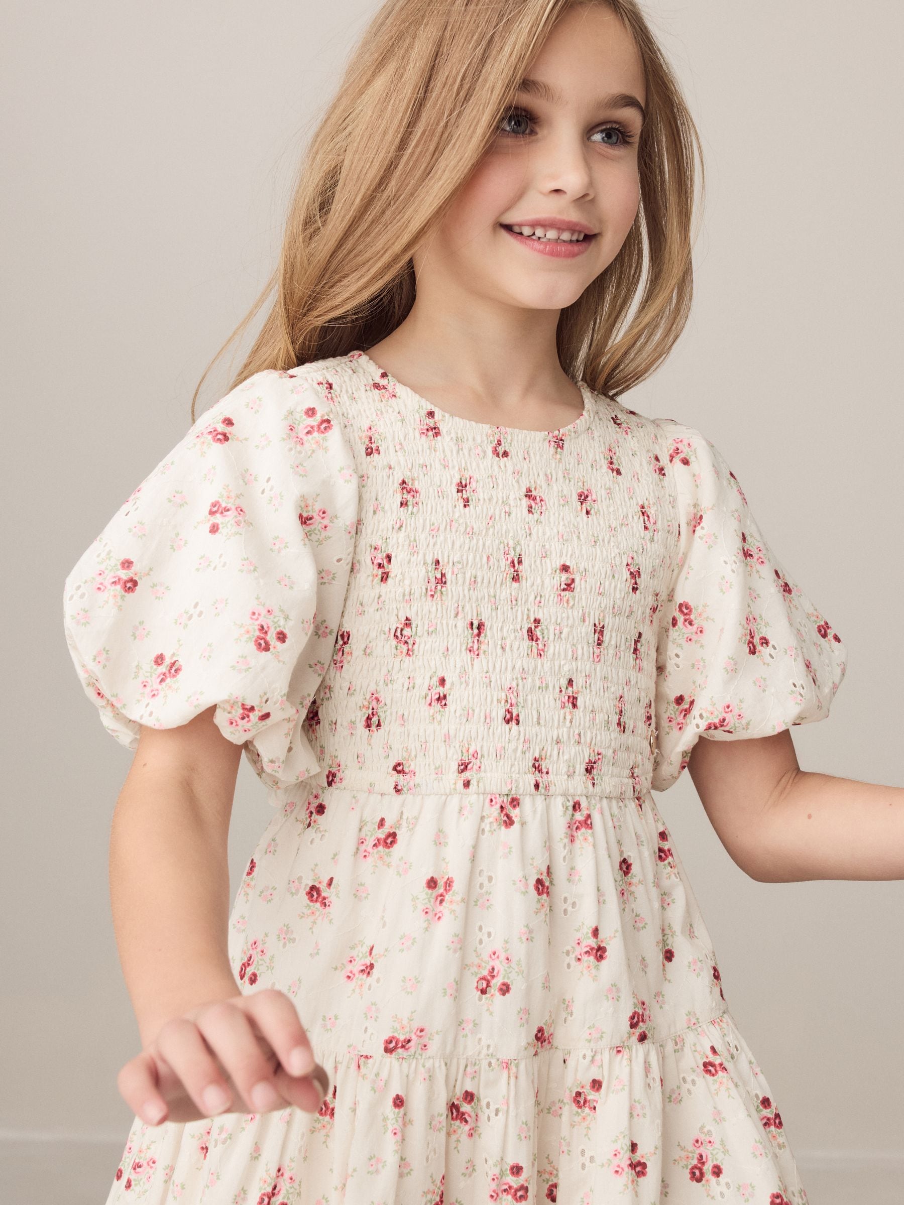 Laura Ashley Cream Pia Bouquet Ditsy Shirred Puffed Sleeve Schiffli Dress image 4