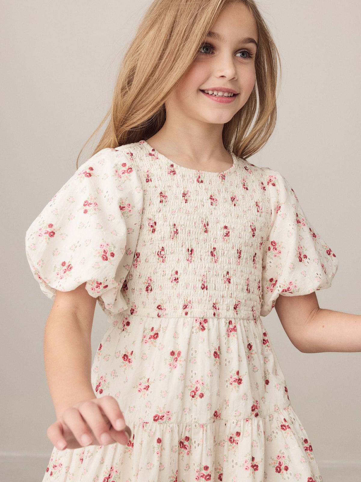 Laura Ashley Cream Pia Bouquet Ditsy Shirred Puffed Sleeve Schiffli Dress image 4