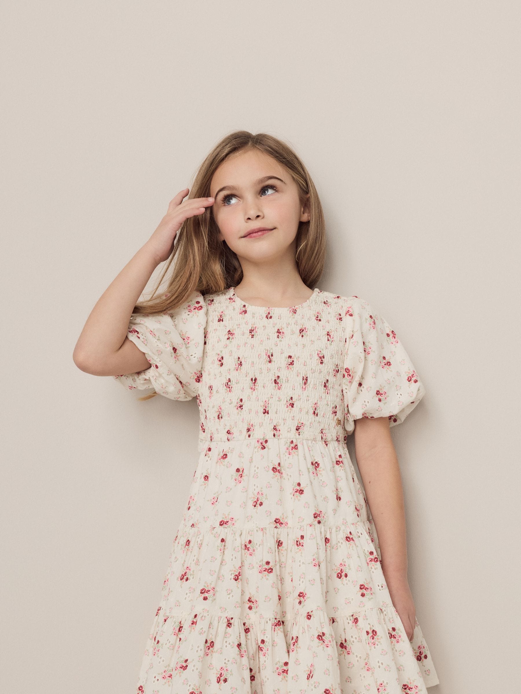 Laura Ashley Cream Pia Bouquet Ditsy Shirred Puffed Sleeve Schiffli Dress image 5