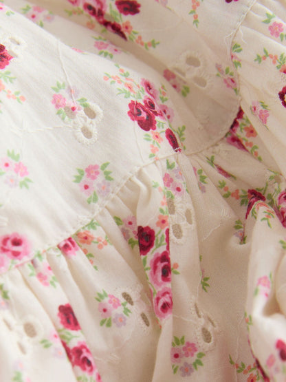 Laura Ashley Cream Pia Bouquet Ditsy Shirred Puffed Sleeve Schiffli Dress image 8