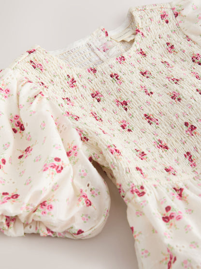 Laura Ashley Cream Pia Bouquet Ditsy Shirred Puffed Sleeve Schiffli Dress image 9