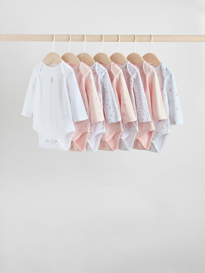 Pink 7 Pack Long Sleeve Baby Bodysuit image 1