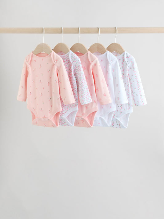 Pink 5 Pack Long Sleeve Baby Bodysuit image 1