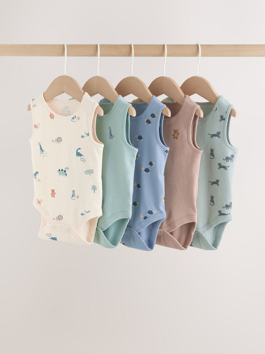 Teal Blue Miniprint Baby Vests 5 Pack image 1