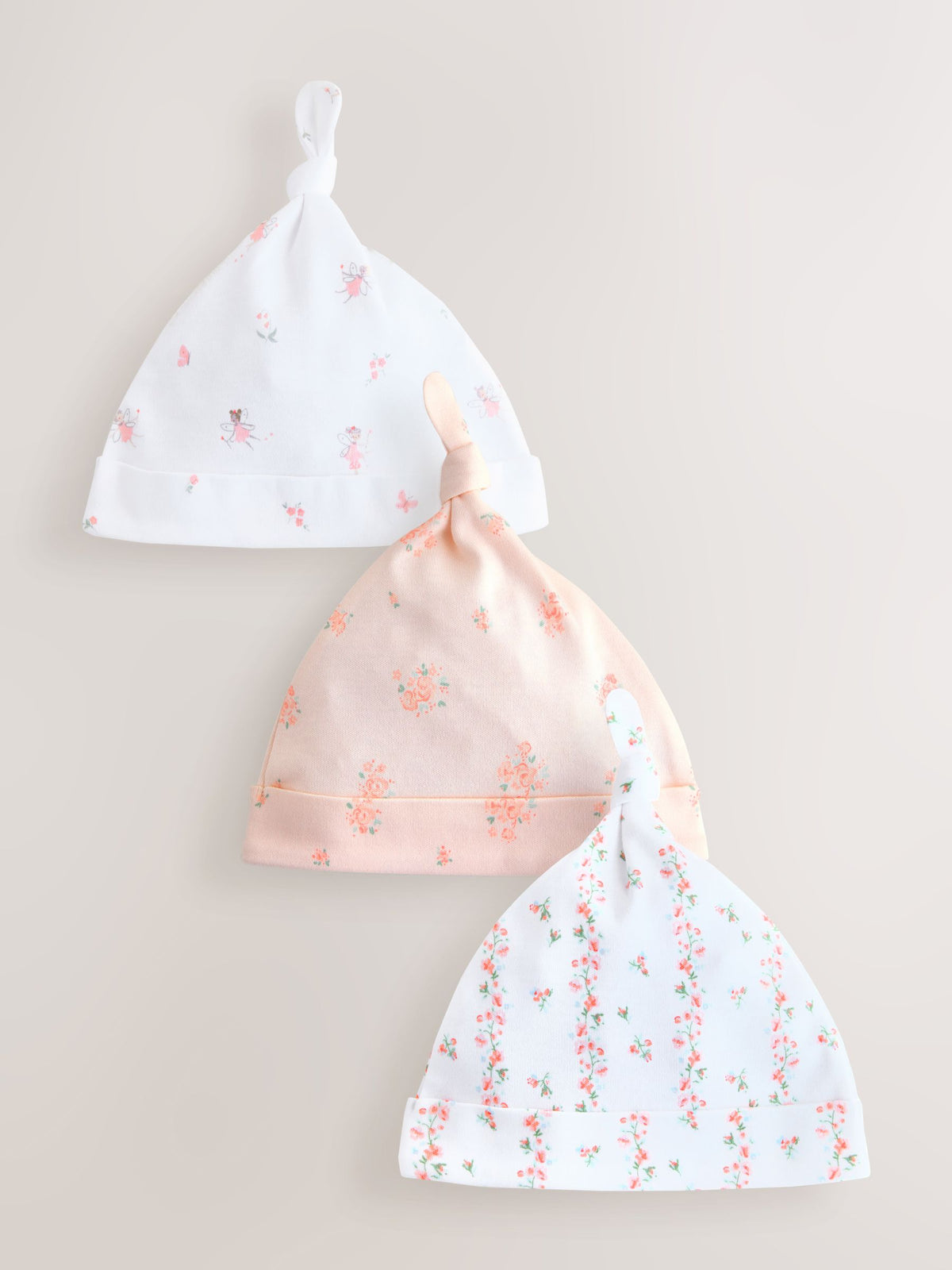 Pink/White Tie Top Baby Beanies 3 Pack (0-12mths) image 1