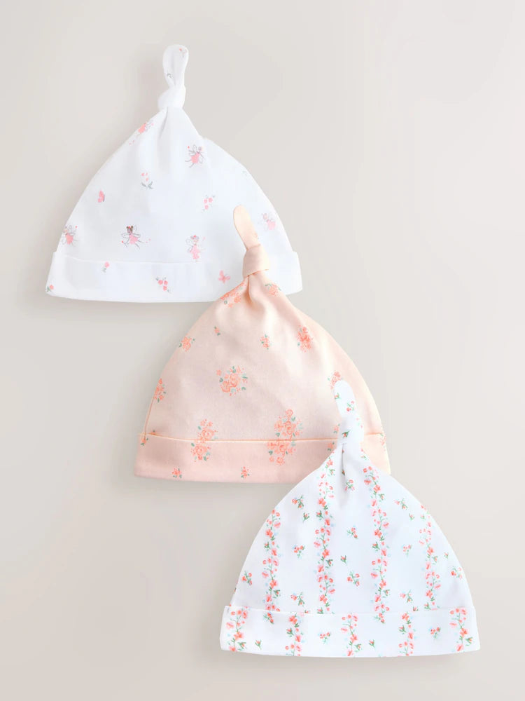 Pink/White Tie Top Baby Beanies 3 Pack (0-12mths)