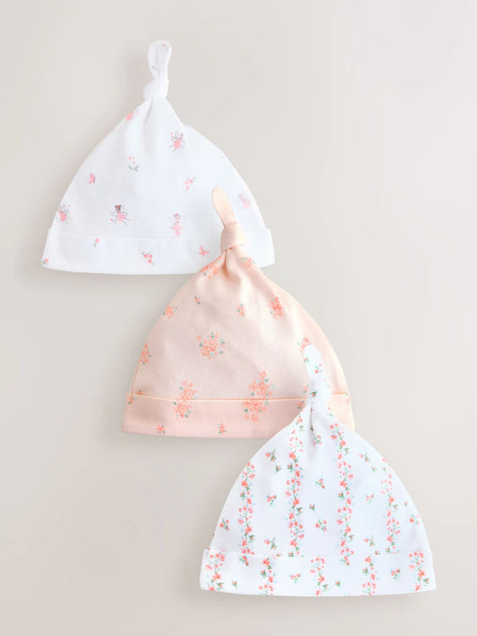 Pink/White Tie Top Baby Beanies 3 Pack (0-12mths)