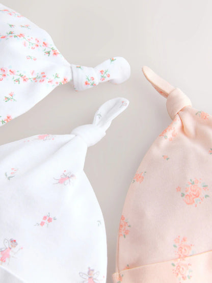 Pink/White Tie Top Baby Beanies 3 Pack (0-12mths)