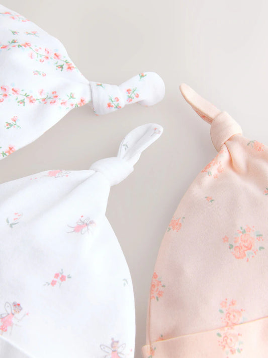 Pink/White Tie Top Baby Beanies 3 Pack (0-12mths)
