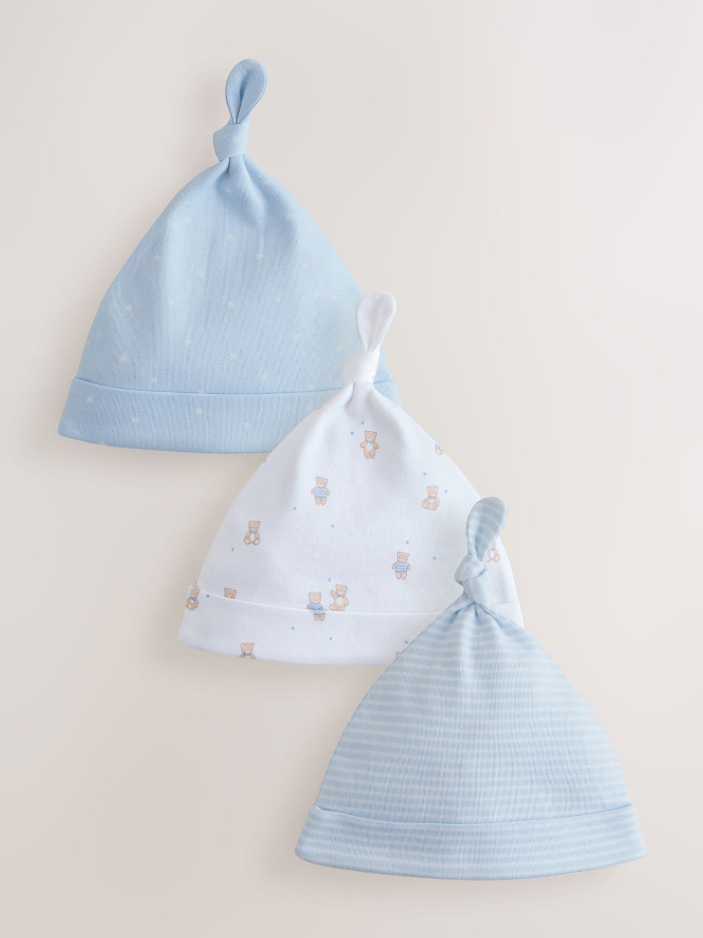 Blue Tie Top Baby Hats 3 Pack (0-12mths) image 1