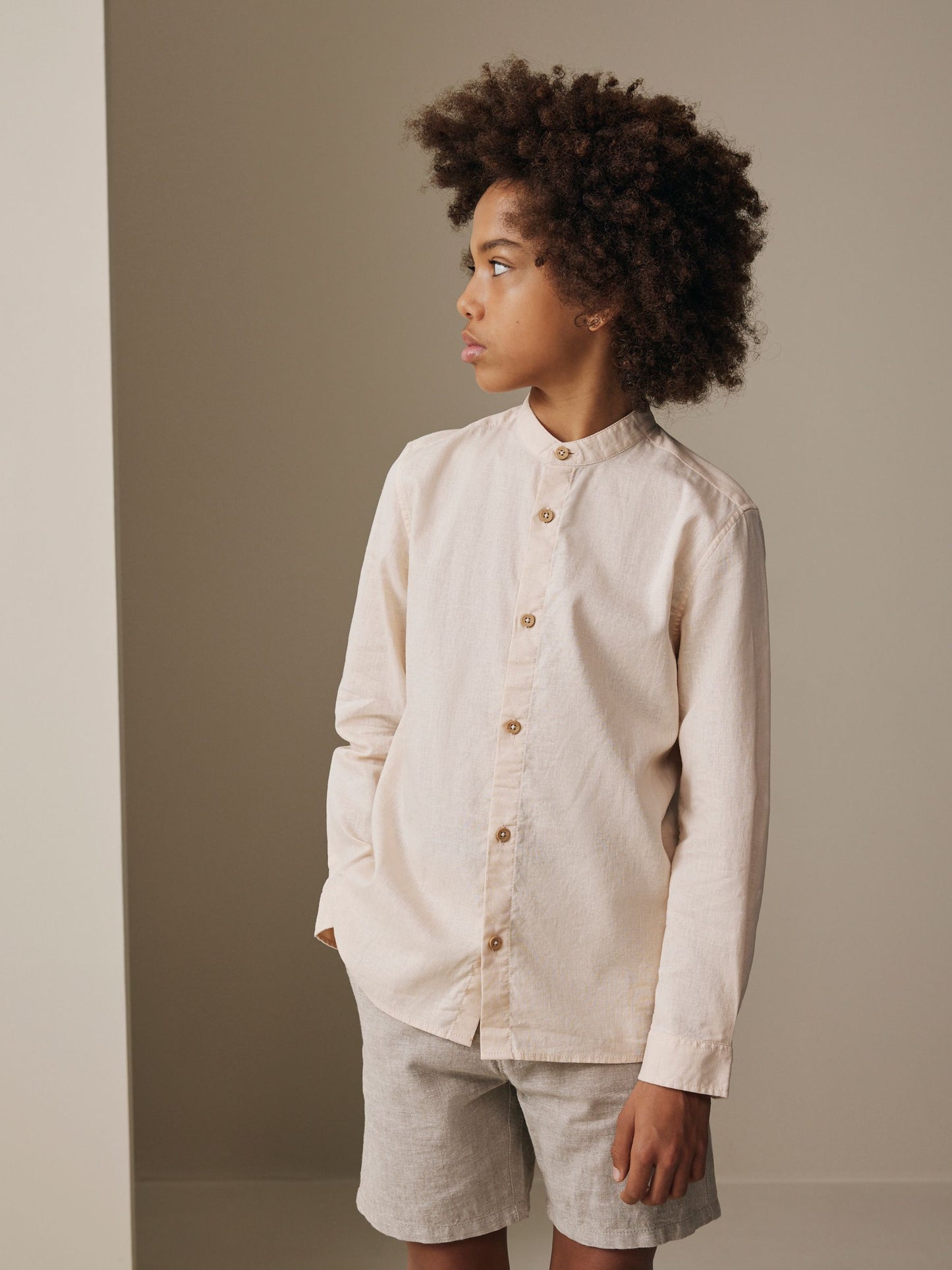 Dsiney Kidz - Peach Pink Grandad Collar Linen Mix Long Sleeve Shirt (3-16yrs) image 1
