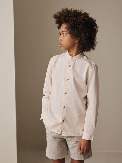 Dsiney Kidz - Peach Pink Grandad Collar Linen Mix Long Sleeve Shirt (3-16yrs) image 1