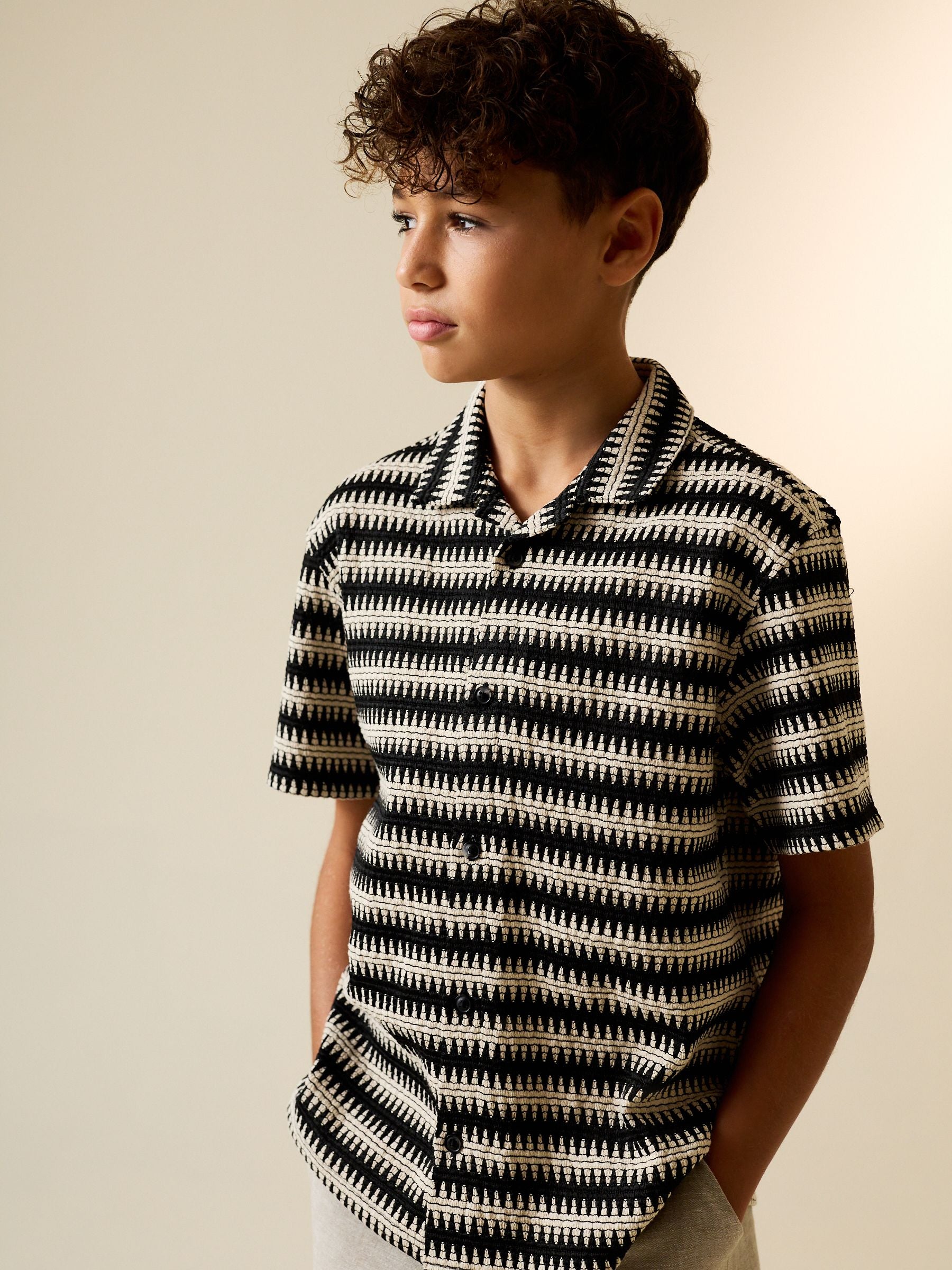 Dsiney Kidz - Black/Ecru Short Sleeve Textured Stripe Revere Shirt (3-16yrs) image 1