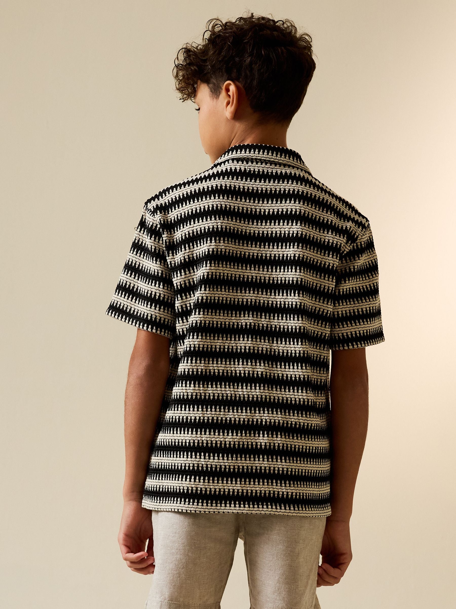 Dsiney Kidz - Black/Ecru Short Sleeve Textured Stripe Revere Shirt (3-16yrs) image 2