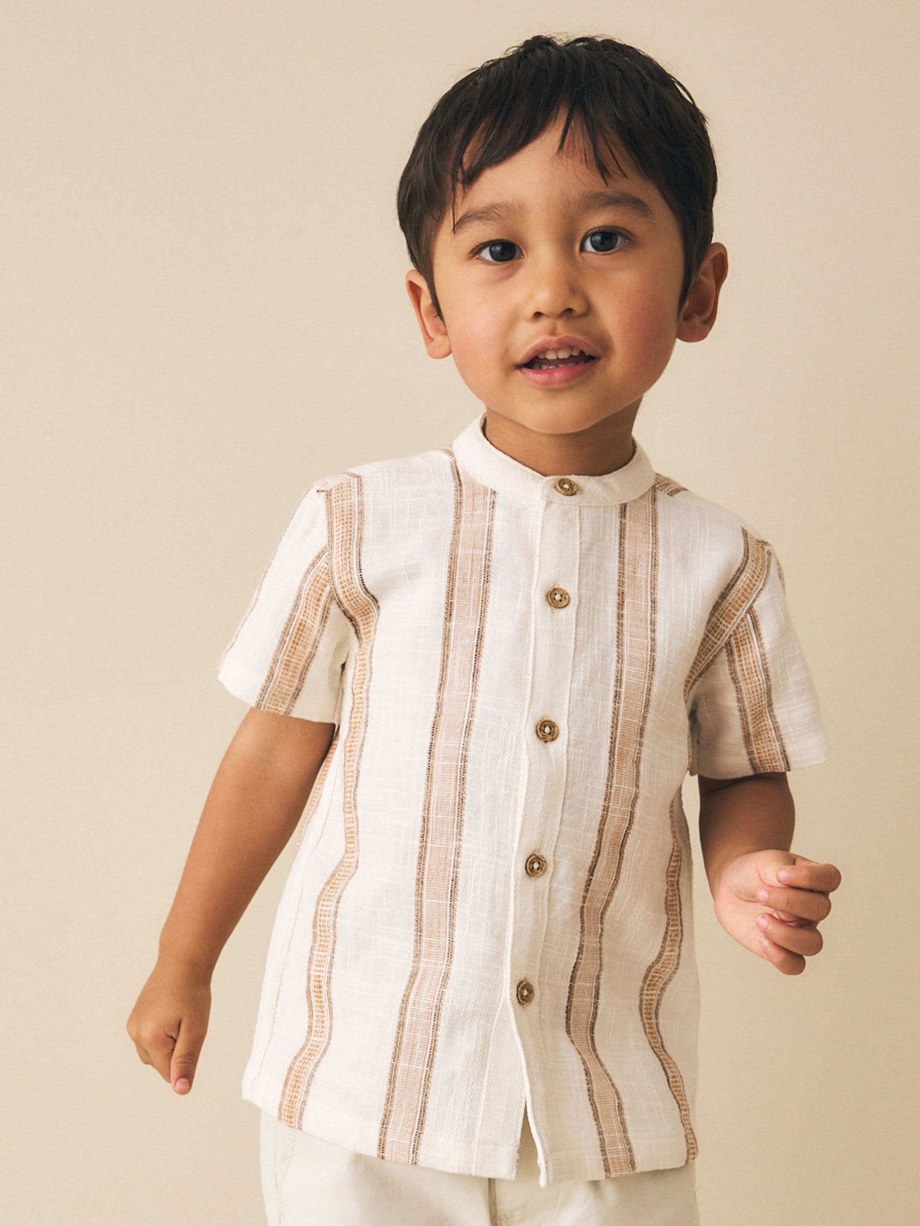 Dsiney Kidz - Ecru/Brown Short Sleeve Grandad Collar Textured Stripe Shirt (3mths-7yrs) image 1