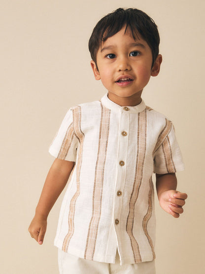 Dsiney Kidz - Ecru/Brown Short Sleeve Grandad Collar Textured Stripe Shirt (3mths-7yrs) image 1