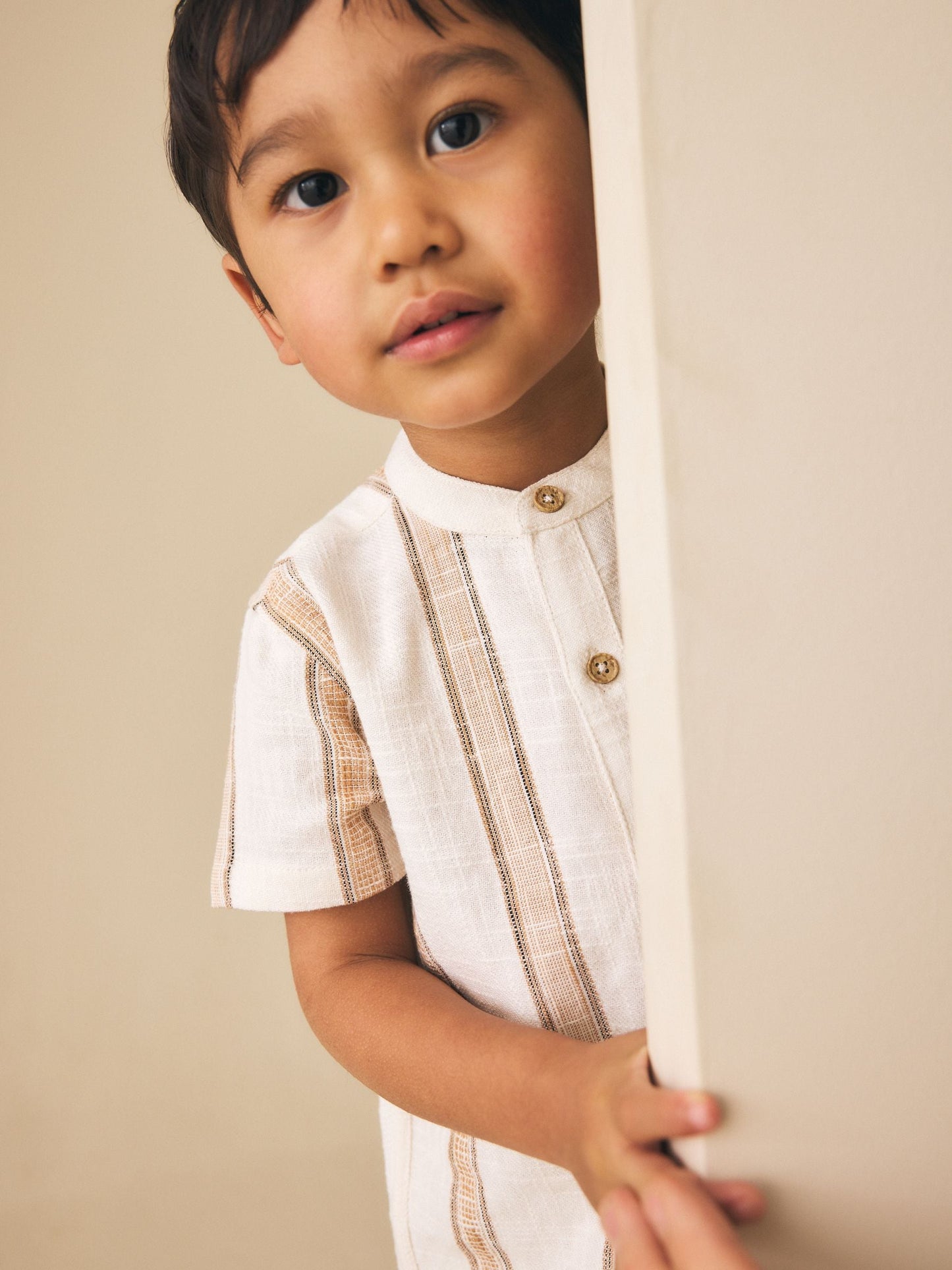 Dsiney Kidz - Ecru/Brown Short Sleeve Grandad Collar Textured Stripe Shirt (3mths-7yrs) image 2