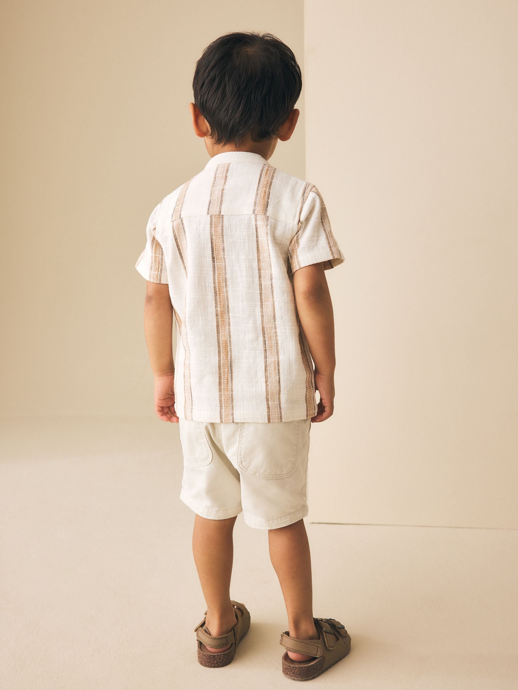 Dsiney Kidz - Ecru/Brown Short Sleeve Grandad Collar Textured Stripe Shirt (3mths-7yrs) image 3
