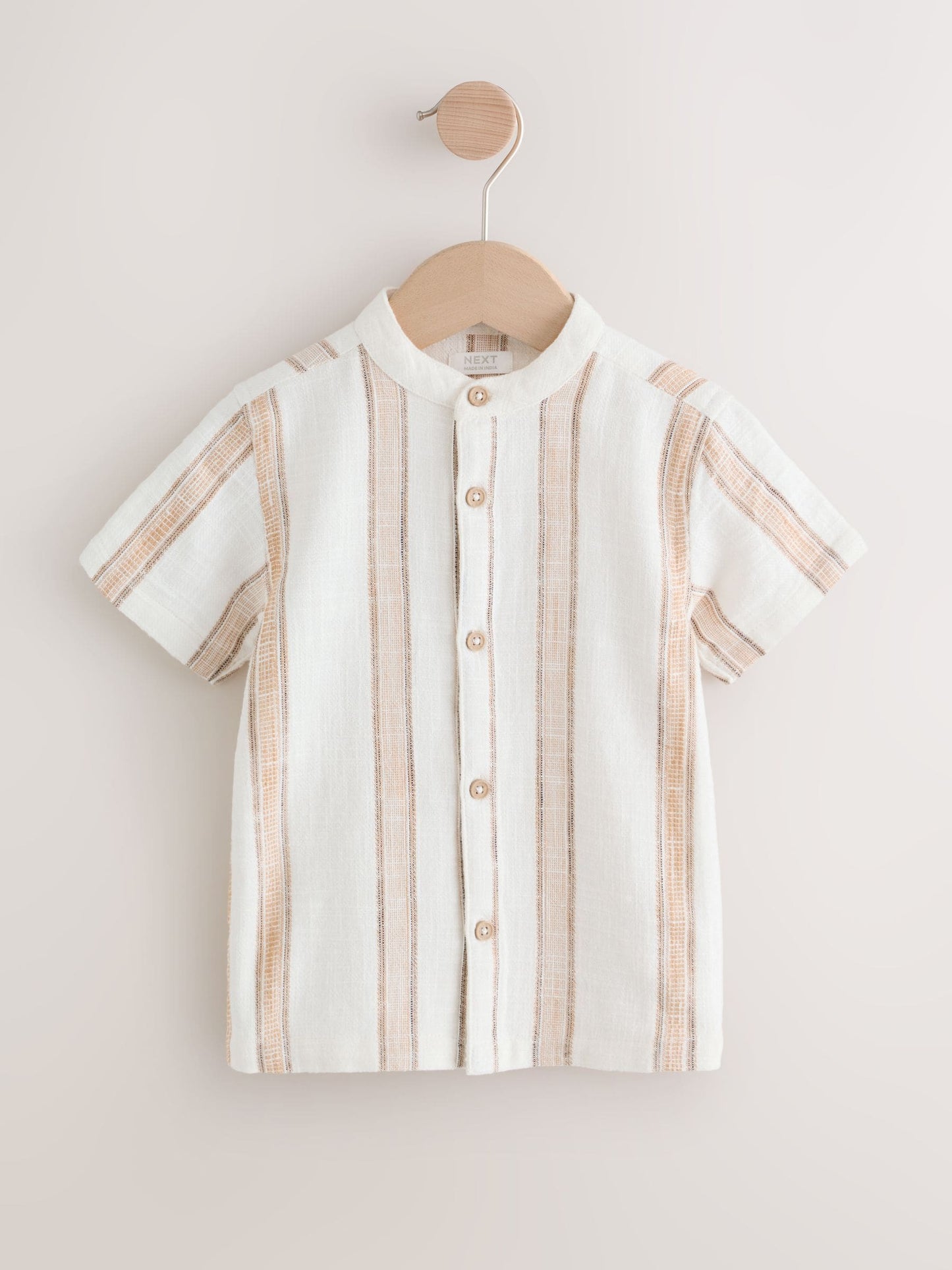 Dsiney Kidz - Ecru/Brown Short Sleeve Grandad Collar Textured Stripe Shirt (3mths-7yrs) image 4