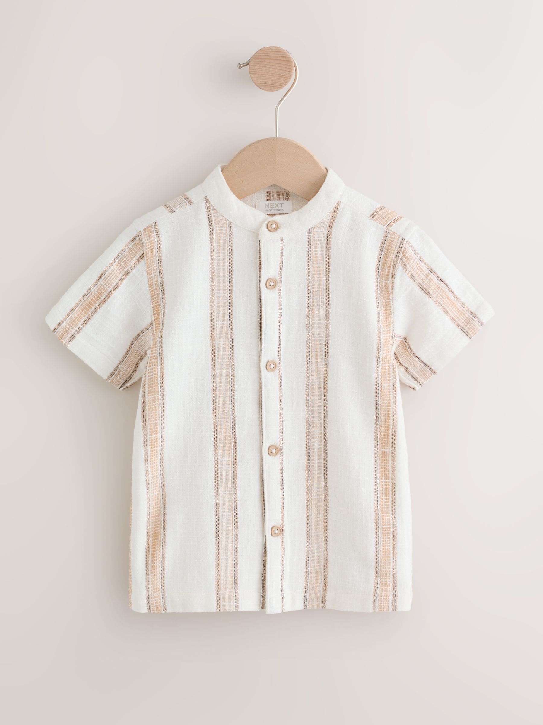 Dsiney Kidz - Ecru/Brown Short Sleeve Grandad Collar Textured Stripe Shirt (3mths-7yrs) image 4