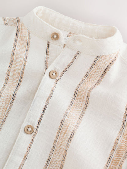Dsiney Kidz - Ecru/Brown Short Sleeve Grandad Collar Textured Stripe Shirt (3mths-7yrs) image 6