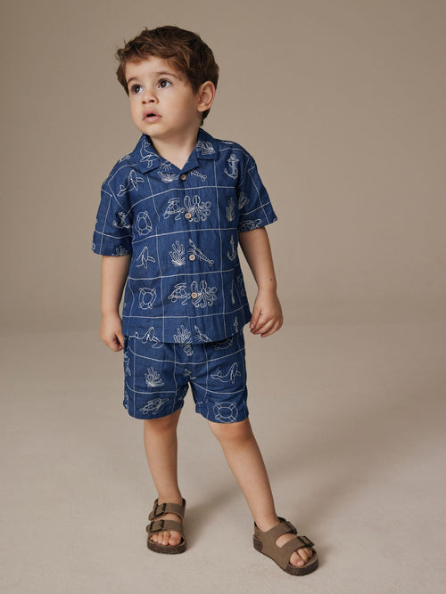 Dsiney Kidz - Blue Denim Sea Life Embroidery Short Sleeve Revere Collar Shirt & Shorts Set (3mths-10yrs) image 1