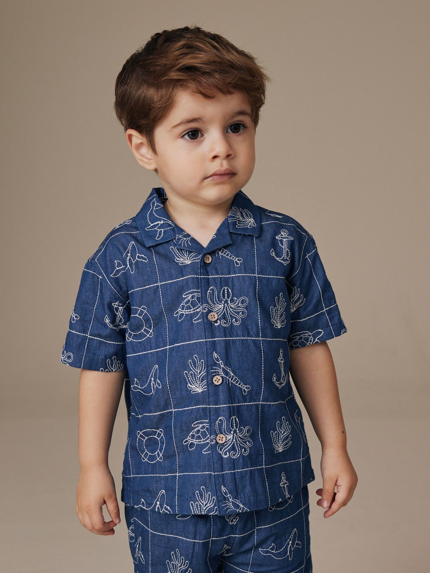 Blue Denim Sea Life Embroidery Short Sleeve Revere Collar Shirt & Shorts Set (3mths-10yrs) image 2