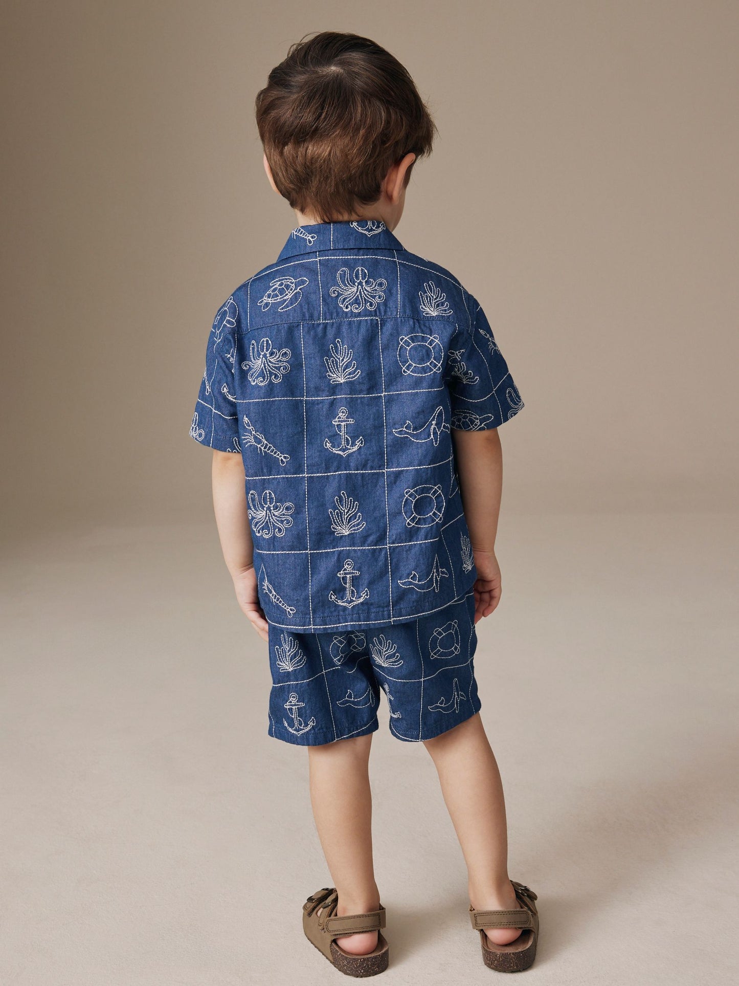 Blue Denim Sea Life Embroidery Short Sleeve Revere Collar Shirt & Shorts Set (3mths-10yrs) image 3