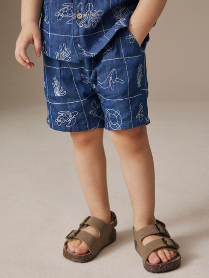 Blue Denim Sea Life Embroidery Short Sleeve Revere Collar Shirt & Shorts Set (3mths-10yrs) image 4