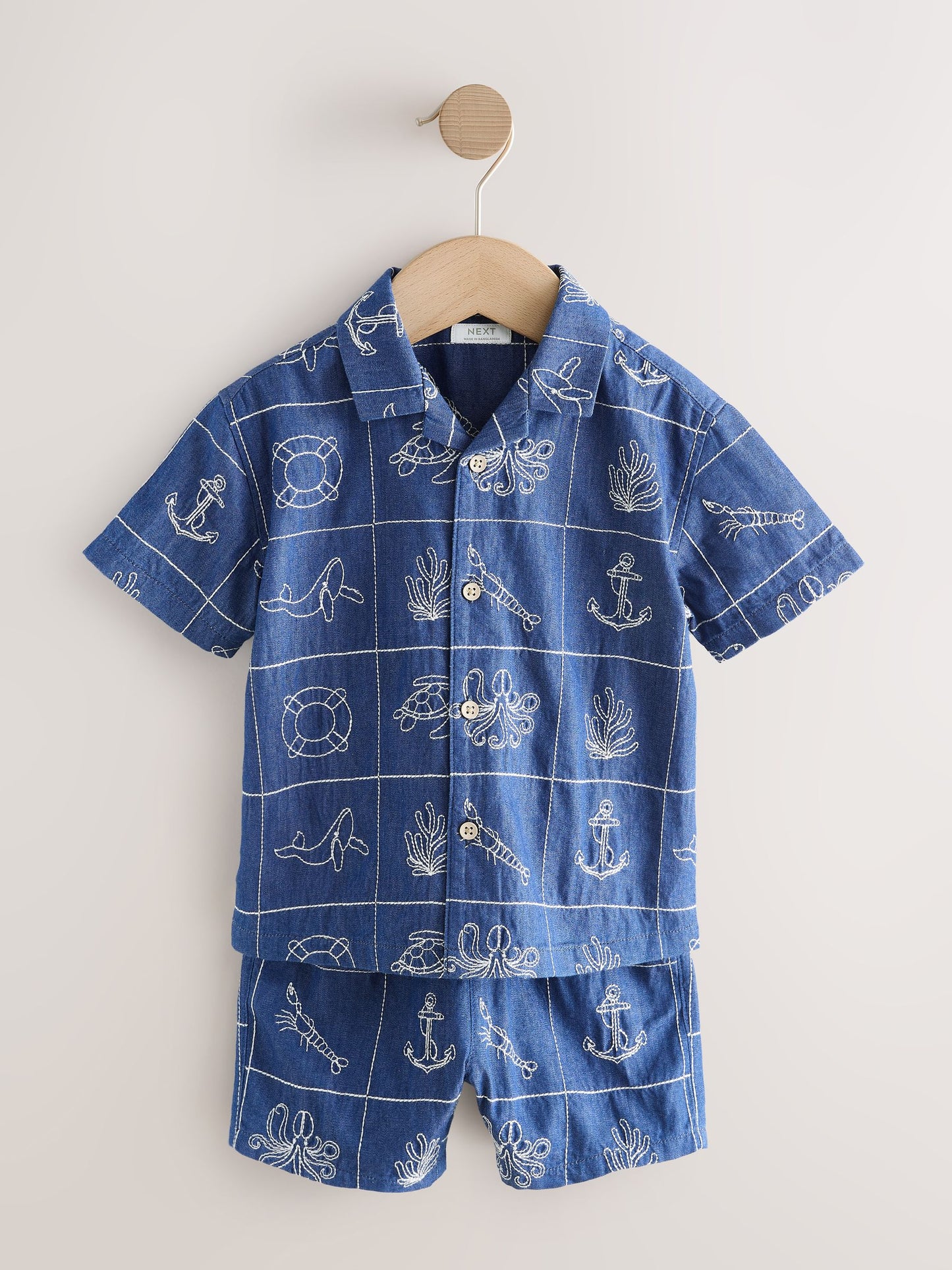 Blue Denim Sea Life Embroidery Short Sleeve Revere Collar Shirt & Shorts Set (3mths-10yrs) image 5