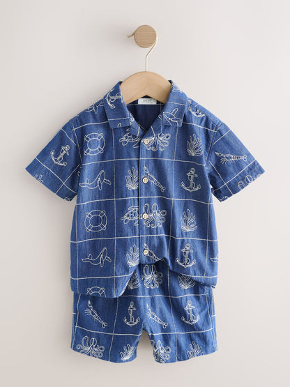 Blue Denim Sea Life Embroidery Short Sleeve Revere Collar Shirt & Shorts Set (3mths-10yrs) image 6
