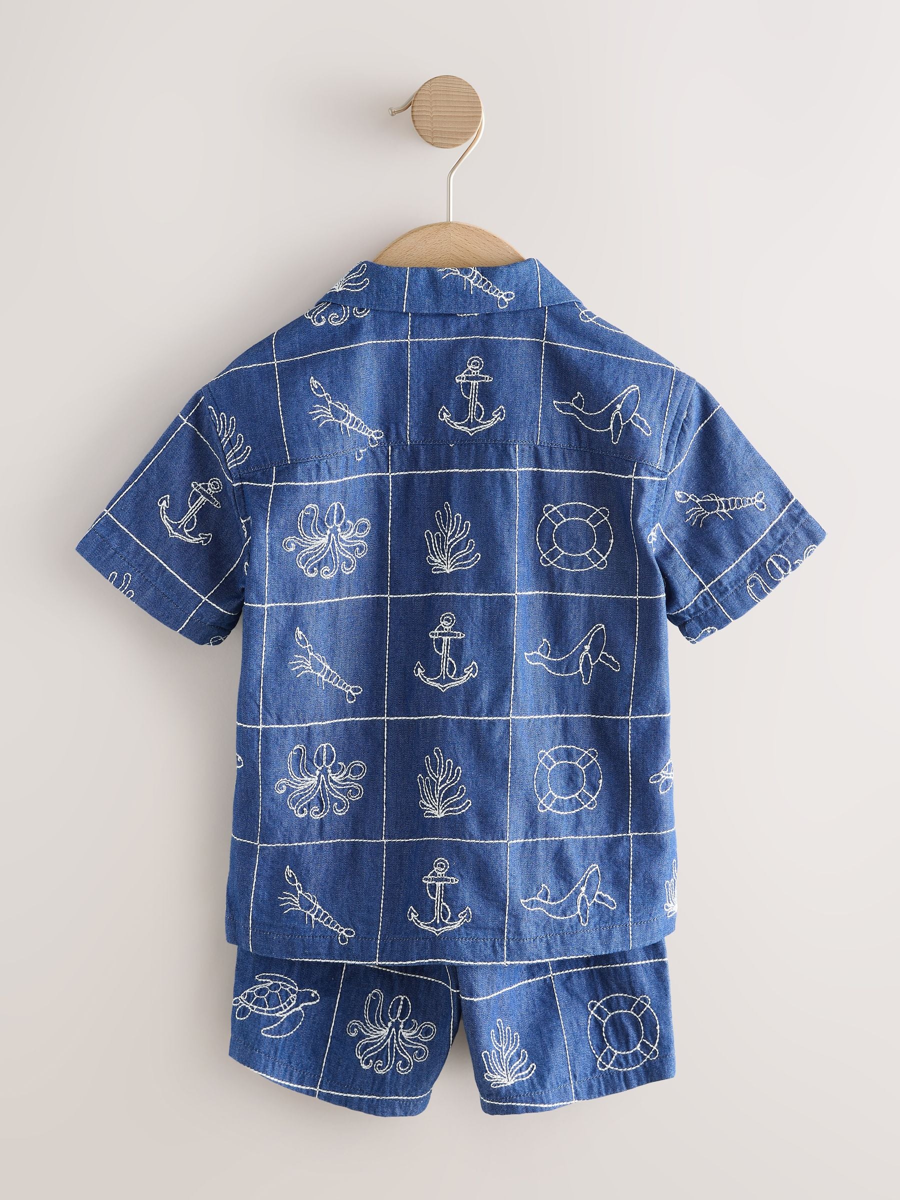 Blue Denim Sea Life Embroidery Short Sleeve Revere Collar Shirt & Shorts Set (3mths-10yrs) image 7