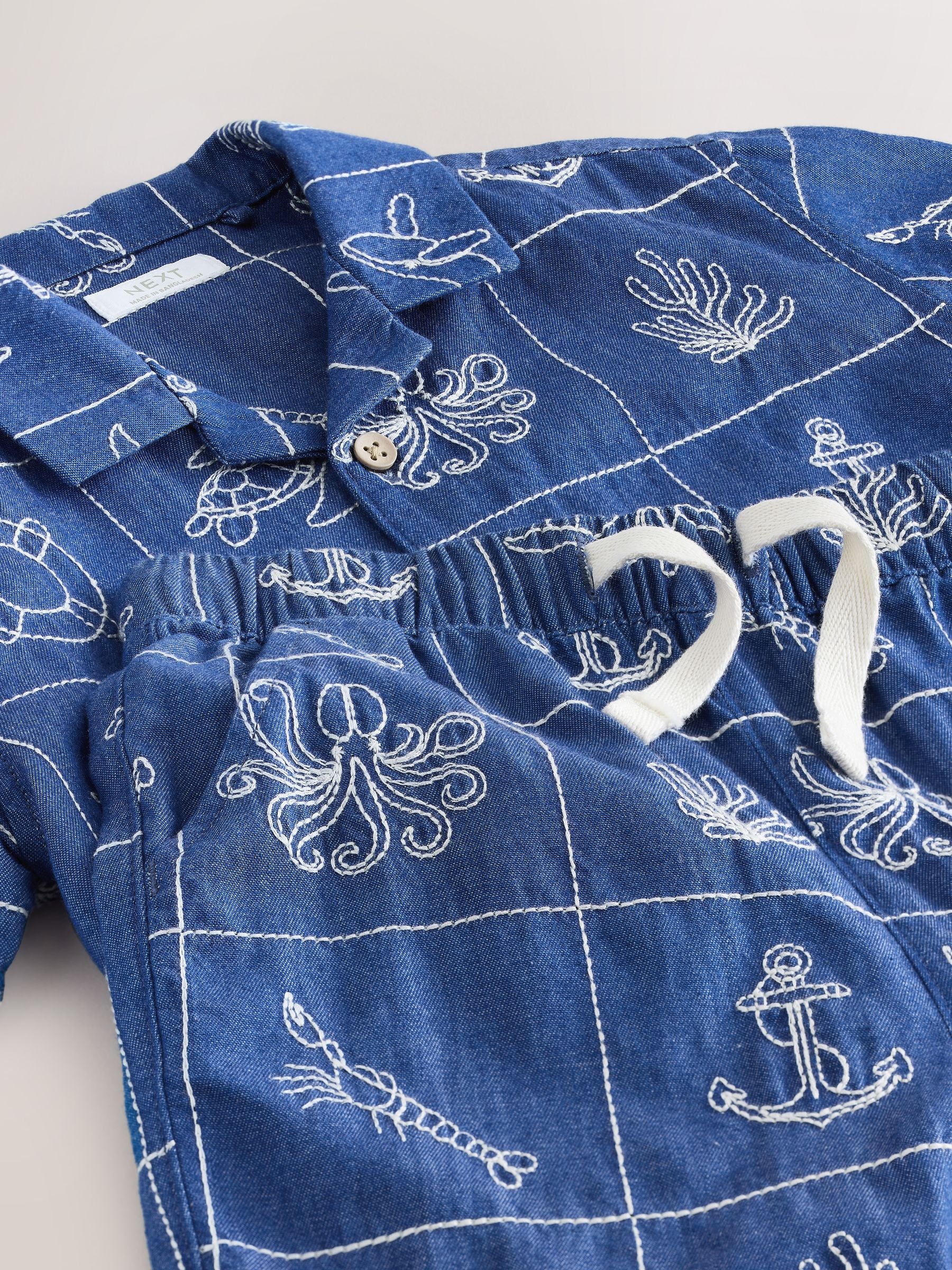 Blue Denim Sea Life Embroidery Short Sleeve Revere Collar Shirt & Shorts Set (3mths-10yrs) image 9