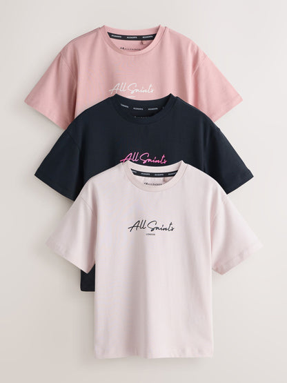 Dsiney Kidz - smALLSAINTS Pink/Black Script Logo Crew Neck Relaxed T-Shirts 3 Pack image 1