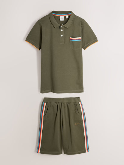 Dsiney Kidz - Paul Smith Junior Khaki Green Pique Polo Shirt And Shorts Set image 1