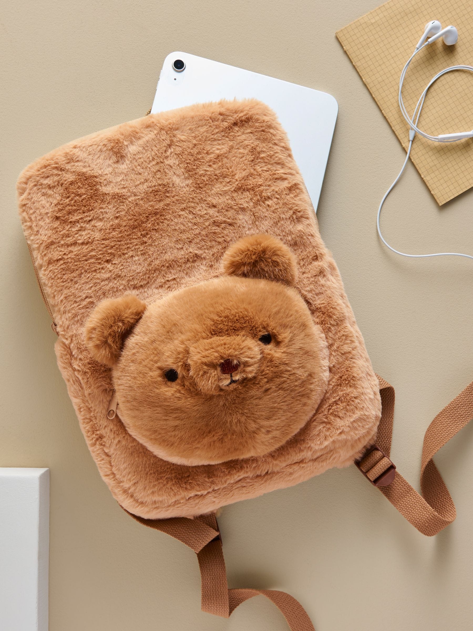 Natural Faux Fur Bear Tablet Backpack image 1