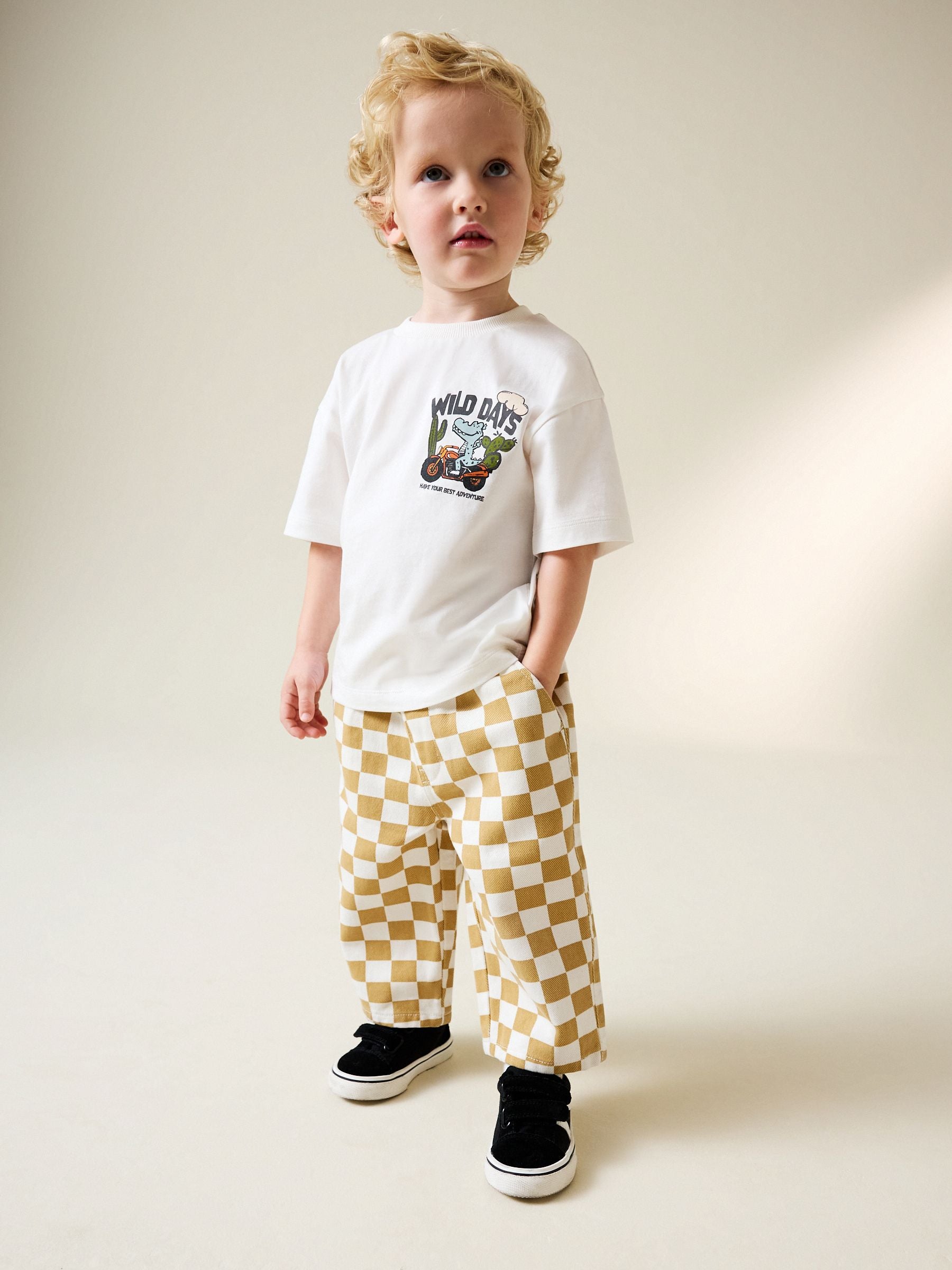 Yellow/White Checkerboard Pull On Wide Trousers (3mths-7yrs) image 3