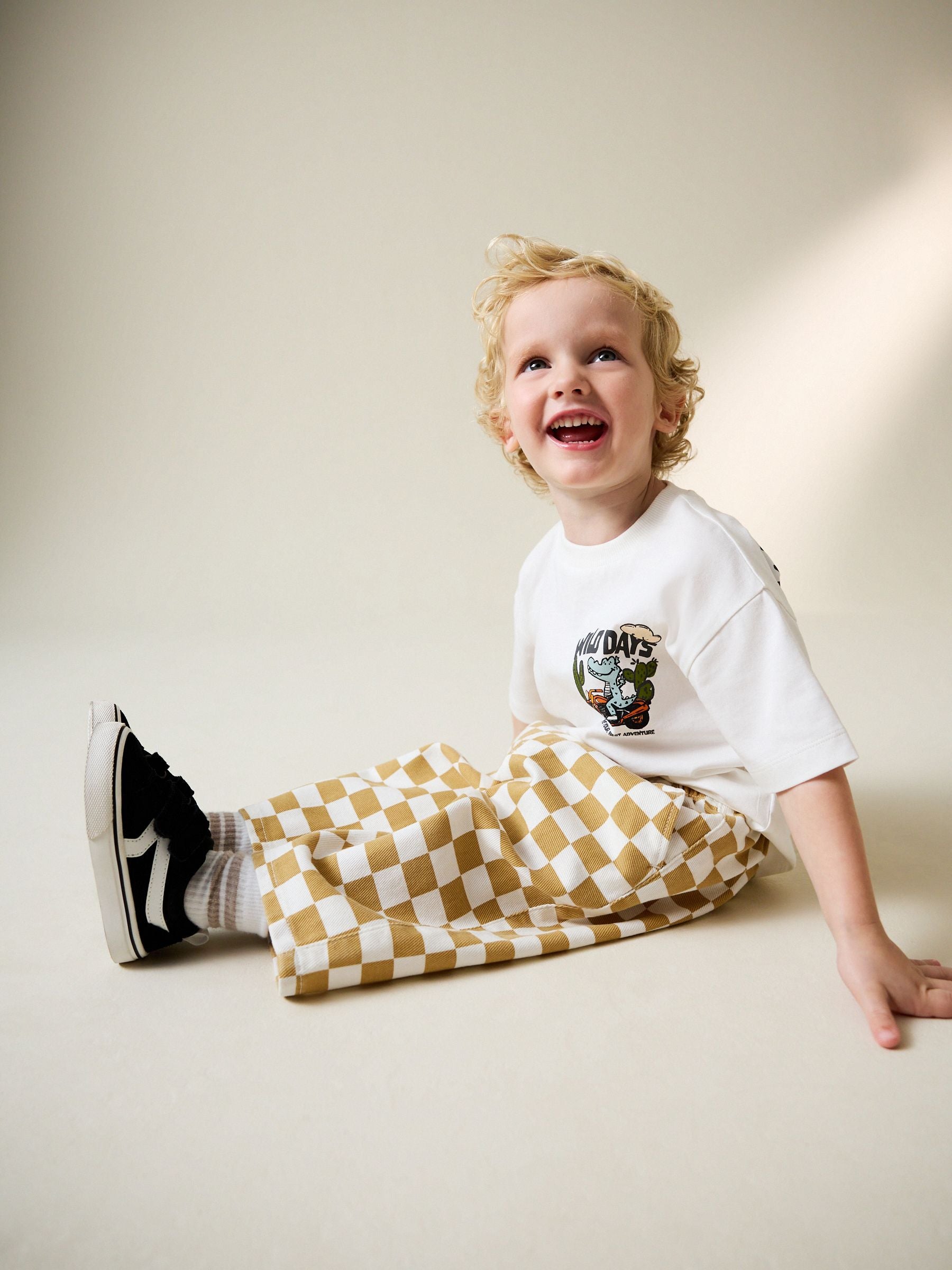 Yellow/White Checkerboard Pull On Wide Trousers (3mths-7yrs) image 4