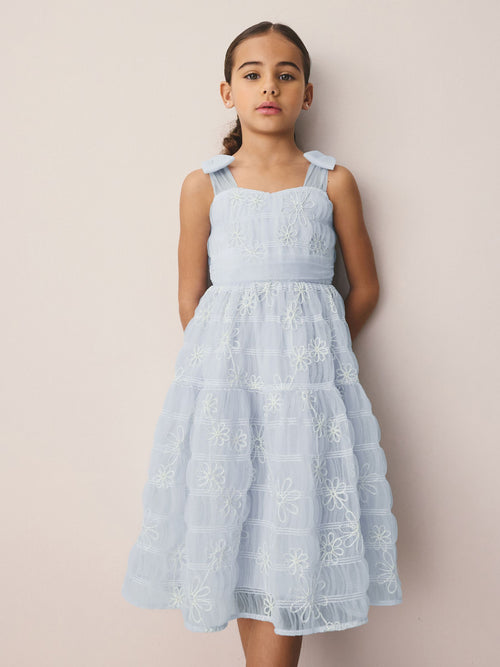 Laura Ashley White/Blue Embroidered Mesh Bow Dress image 1