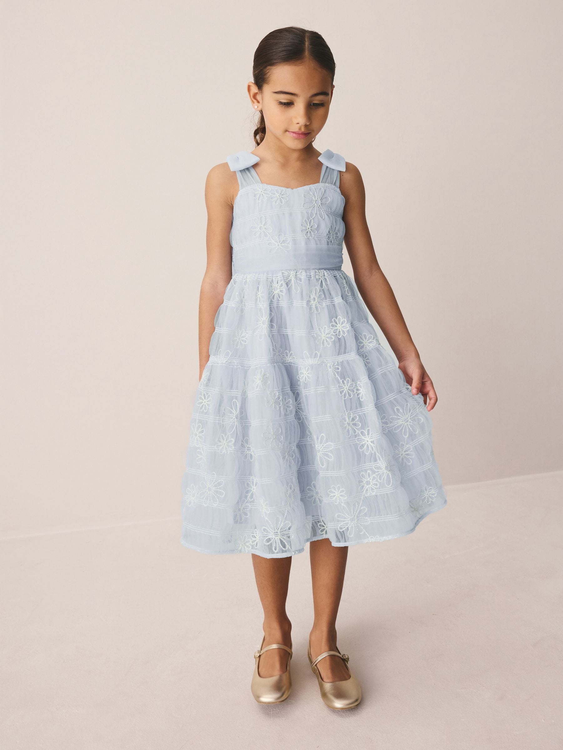 Laura Ashley White/Blue Embroidered Mesh Bow Dress image 2