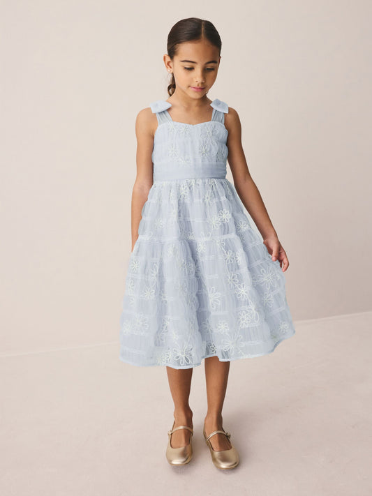 Laura Ashley White/Blue Embroidered Mesh Bow Dress image 2
