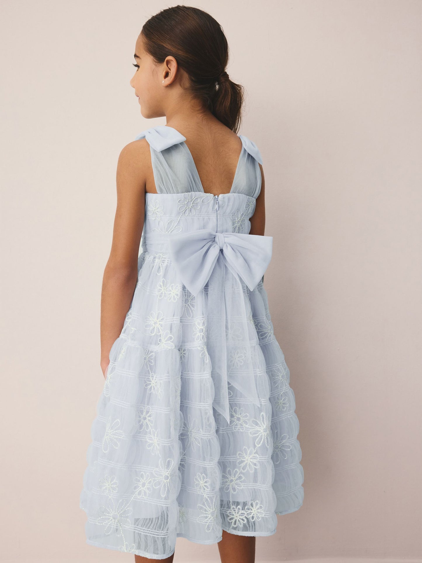 Laura Ashley White/Blue Embroidered Mesh Bow Dress image 3